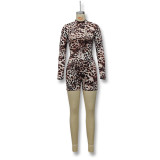 Women Fall Style Round Neck Long Sleeve Leopard Sexy Jumpsuit