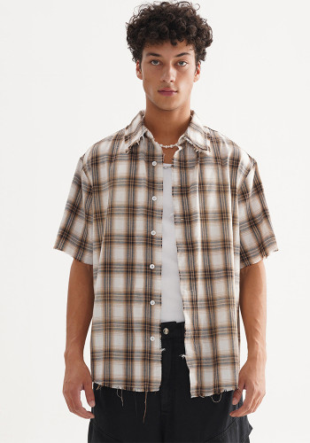 Summer Men's Fashion Trend Loose Short Sleeve Plaid Shirt