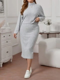 Women's Winter Long-Sleeved Solid Color Knitting High-Neck Plus Size Two-Piece Skirt Set