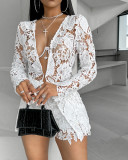 Women Hollow Solid Long Sleeve Shirt Shorts Two Piece Set