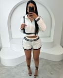 Women Contrast Color Turndown Collar Sweater Shorts Two Piece Set