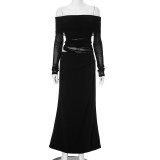 Women Summer Off Shoulder Long Sleeve Cut Out Patchwork Dress