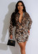 Leopard Print Long Sleeve Button Turndown Collar Top With Bodycon Short Skirt Two-Piece Set