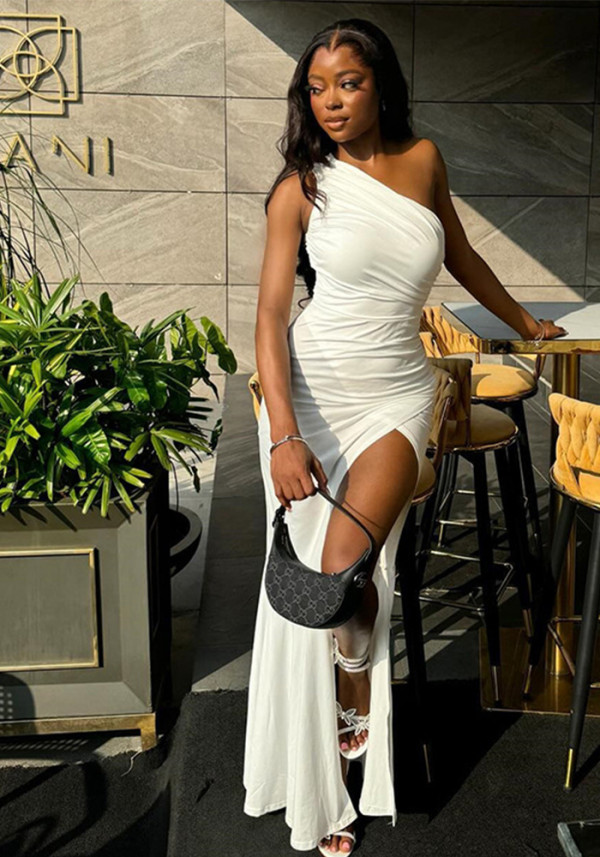 Women's Fashion Solid Color Slash Shoulder One-Shoulder Sleeveless Slit Long Dress