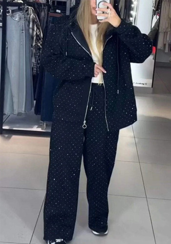 Women Autumn Winter Zipper Beaded Casual Hooded Hoodies Wide-Leg Pants Two-Piece Sports Suit