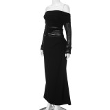 Women Summer Off Shoulder Long Sleeve Cut Out Patchwork Dress