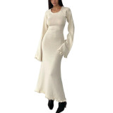 Solid Color Ruffle Low Back Women Knitting Long Dress