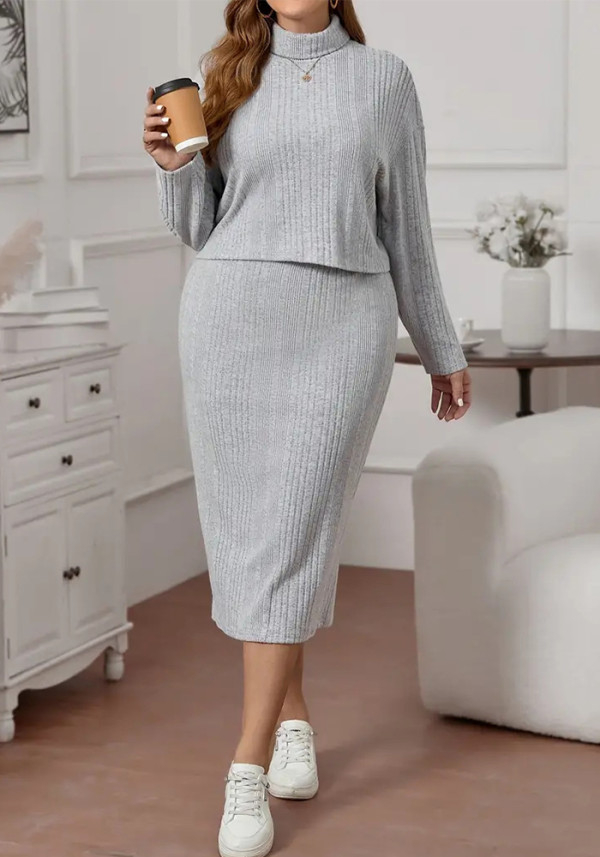 Women's Winter Long-Sleeved Solid Color Knitting High-Neck Plus Size Two-Piece Skirt Set