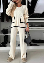 Autumn Contrast Color Ladies Casual Color Matching Pocket Top Wide-Leg Pants Two-Piece Set