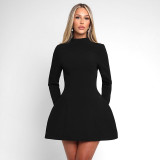 Women Solid Round Neck Long Sleeve Dress