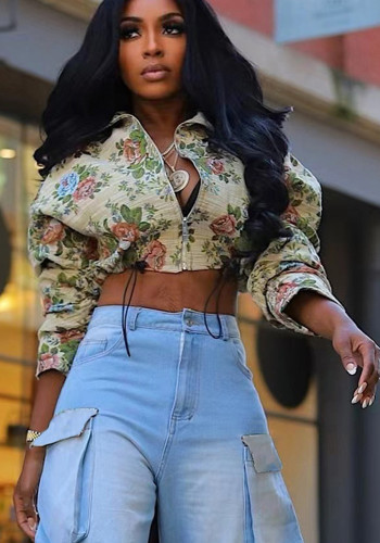 Autumn Crop Drawstring Flower Jacquard Long-Sleeved Women Jacket