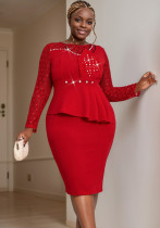 Lace Patchwork Round Neck Long Sleeve Bodycon Chic Beaded Formal Party Dress