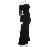 Women Summer Off Shoulder Long Sleeve Cut Out Patchwork Dress