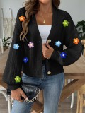 Women's Autumn Winter Flower Patchwork Button Coat Sweater Cardigan