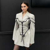 Women Fashion Turndown Collar Long Sleeve Bandage Waist Blazer Set