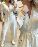 Women Turndown Collar Long Sleeve Drawstring Lace-Up Patch Pocket Cuff Jumpsuit