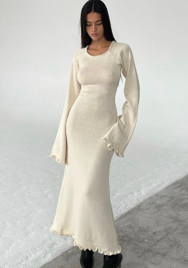 Solid Color Ruffle Low Back Women Knitting Long Dress
