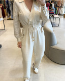 Women Turndown Collar Long Sleeve Drawstring Lace-Up Patch Pocket Cuff Jumpsuit