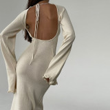 Solid Color Ruffle Low Back Women Knitting Long Dress