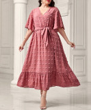 Plus Size Women V-Neck Lace-Up Short Sleeve Maxi Dress