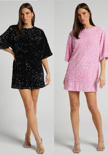 Autumn Winter Sequin Fashion Loose Short-Sleeved Dress