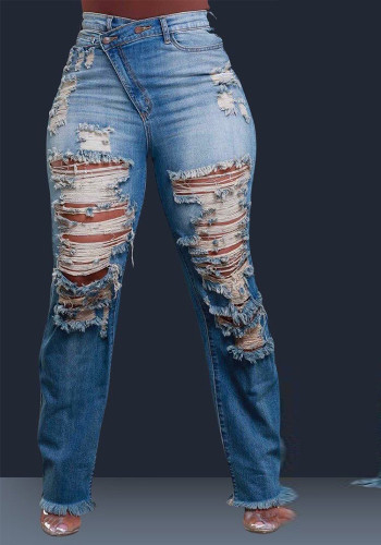 Autumn Winter Women's Straight Elastic Waist Ripped Denim Pants