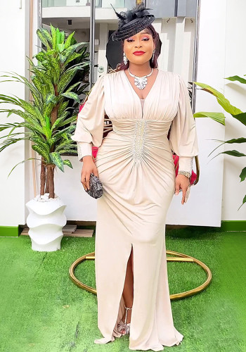 Elegant Solid Color Long Sleeve High Waist Formal Party Plus Size Dress Dubai Winter African Women's Clothing