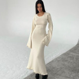 Solid Color Ruffle Low Back Women Knitting Long Dress