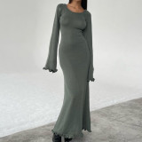 Solid Color Ruffle Low Back Women Knitting Long Dress