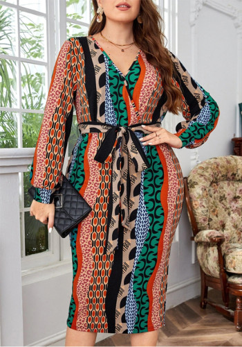 Autumn V-Neck Printed Long Sleeve Women's Fashion Plus Size Dress