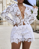 Women Hollow Solid Long Sleeve Shirt Shorts Two Piece Set