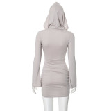 Women Fall Solid Long Sleeve Hooded Gathered Bodycon Dress