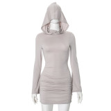 Women Fall Solid Long Sleeve Hooded Gathered Bodycon Dress