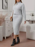 Women's Winter Long-Sleeved Solid Color Knitting High-Neck Plus Size Two-Piece Skirt Set