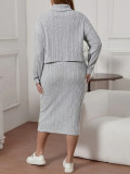 Women's Winter Long-Sleeved Solid Color Knitting High-Neck Plus Size Two-Piece Skirt Set