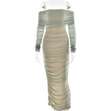Women Autumn Bodycon Sexy Mesh Off Shoulder Gathered Dress