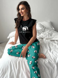 Summer Panda Print Flying Sleeve Pajamas Set Women's Home Clothes