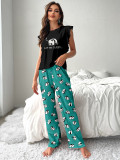 Summer Panda Print Flying Sleeve Pajamas Set Women's Home Clothes
