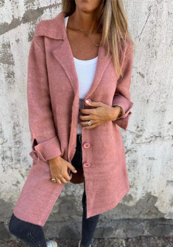 Women Solid Turndown Collar Pocket Maxi Jacket