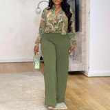 Women Printed V-neck Shirt And Wide-leg Pants Two-piece Set