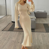 Solid Color Ruffle Low Back Women Knitting Long Dress