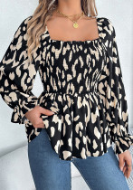 Women Casual Ruffle Edge Square Neck Leopard Print Long Sleeve Top Women Casual Ruffle Edge Square Neck Leopard Print Long Sleeve Top