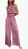 Women Summer Casual Sleeveless Crop Top Wide-leg Pants Two Piece Set