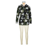 Spring Autumn Women's Camouflage Print Zipper Fashion Casual Hooded Two Piece Shorts Set