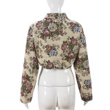 Autumn Crop Drawstring Flower Jacquard Long-Sleeved Women Jacket