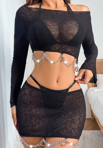 Women Chain See-Through Mesh Sexy Lingerie Four-Piece Set