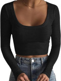 Women rib U-neck long-sleeved Top