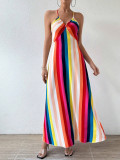 Women Backless Rainbow Suspender Print Dress