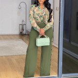 Women Printed V-neck Shirt And Wide-leg Pants Two-piece Set