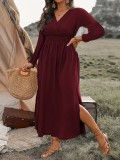 Women Autumn Solid v-neck Bell Bottom Long-sleeved Dress